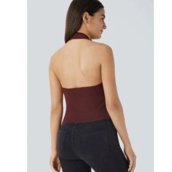 Halara Vest Burgundy Sweater Knit Button Up Halter Neck Top Size Large 12-14 - Picture 4 of 11